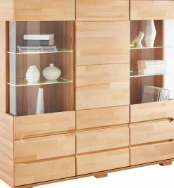 OTTO home Highboard »Vetro,150cm breit,40 cm tief,Fronten Massivholz,9 Fächer« Kernbuche massiv, Holzwerkstoff, 3Türen,6 Schubladen, Griffmulden