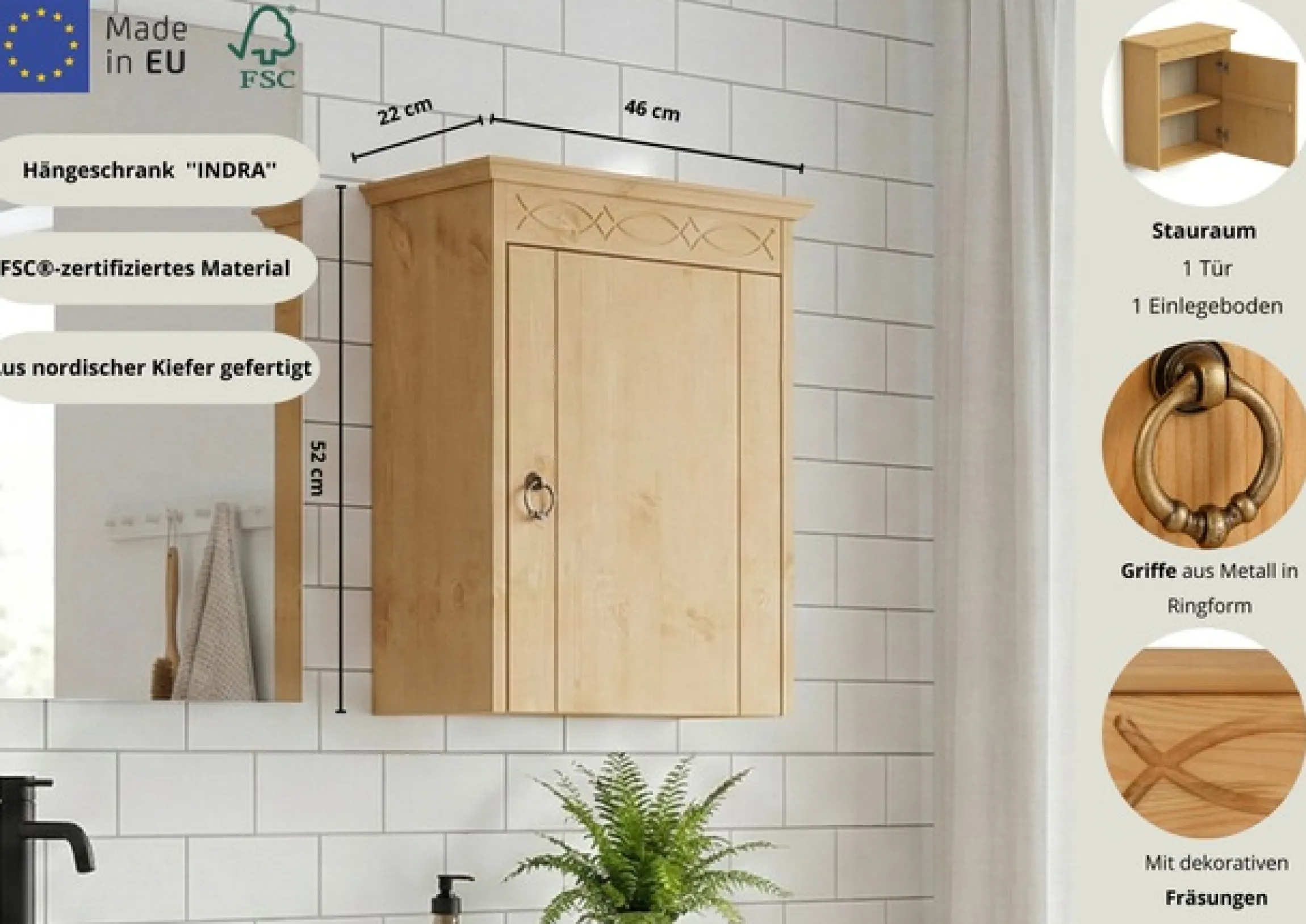 OTTO home Hängeschrank »Indra, Badschrank, Badmöbel, Badezimmerschrank« B/T/H: 46/32/52 cm,aus massiver Kiefer, FSC®-zertifiziert