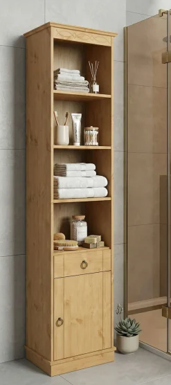 OTTO home Hochschrank »Indra, Badschrank, Badmöbel, Badezimmerschrank« B/T/H: 46/32/186 cm,aus massiver Kiefer, mit Schublade, FSC®-zertifiziert