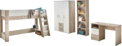 OTTO home Jugendzimmer-Set »Set »Riekke«, viel Stauraum« Spar-Set, Kleiderschrank 3 türig, Hochbett, Standregal, Schreibtisch, 4 Stk. tlg. Hochbett, Etagenbett, Ablagefach unter dem Bett, Blauer Engel,
