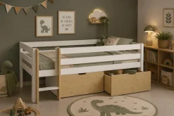 OTTO home Kinderbett »Tide, maximaler Stauraum durch Schubkästen, Massivholz« Kinderbett inklusive Lattenrost und 2 Bettkästen, 4 tlg. Hochbett mit Rausfallschutz, Made in EU