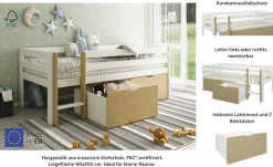 OTTO home Kinderbett »Tide, maximaler Stauraum durch Schubkästen, Massivholz« Kinderbett inklusive Lattenrost und 2 Bettkästen, 4 tlg. Hochbett mit Rausfallschutz, Made in EU