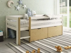 OTTO home Kinderbett »Tide, maximaler Stauraum durch Schubkästen, Massivholz« Kinderbett inklusive Lattenrost und 2 Bettkästen, 4 tlg. Hochbett mit Rausfallschutz, Made in EU
