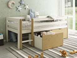 OTTO home Kinderbett »Tide, maximaler Stauraum durch Schubkästen, Massivholz« Kinderbett inklusive Lattenrost und 2 Bettkästen, 4 tlg. Hochbett mit Rausfallschutz, Made in EU