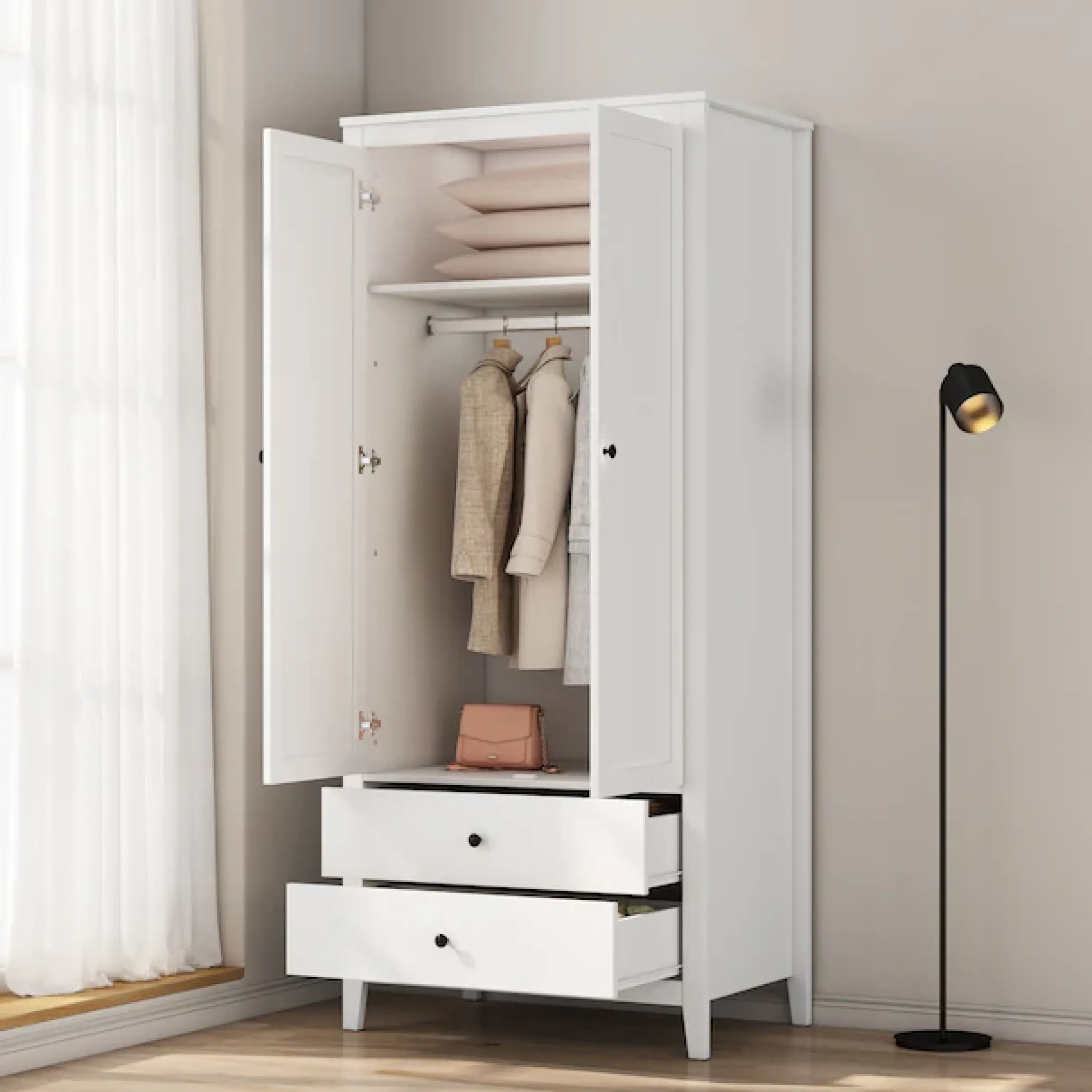 OTTO home Kleiderschrank »Borkum Sideboard Anrichte mit 6 Schubladen Landhaus weiß« hochwertige schwarze Griffe aus Metall,Schlafzimmerschrank mit 2 Türen und 2 Schubladen