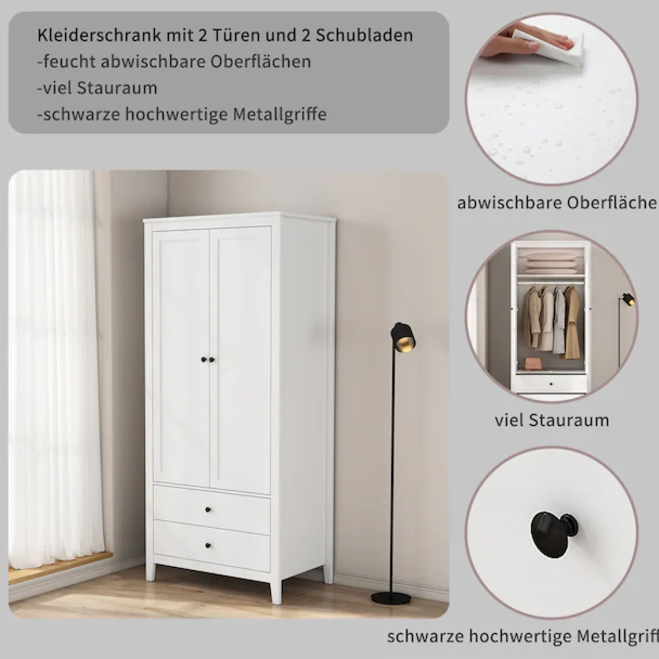 OTTO home Kleiderschrank »Borkum Sideboard Anrichte mit 6 Schubladen Landhaus weiß« hochwertige schwarze Griffe aus Metall,Schlafzimmerschrank mit 2 Türen und 2 Schubladen