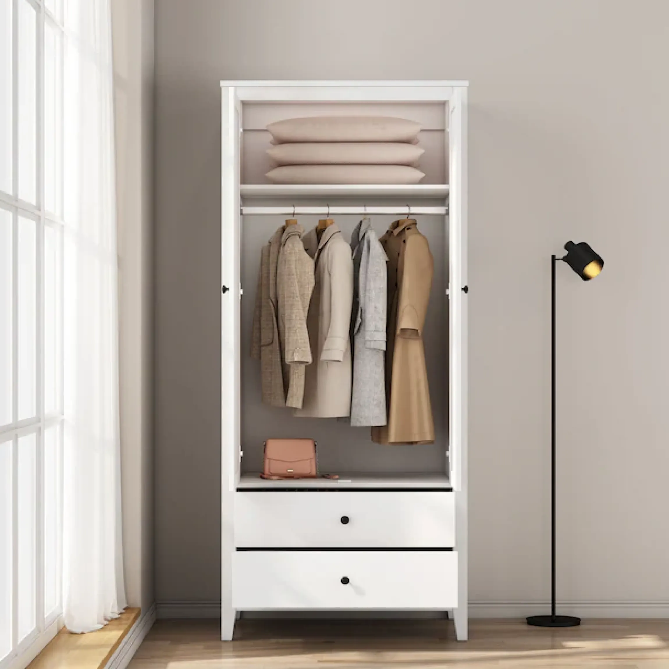 OTTO home Kleiderschrank »Borkum Sideboard Anrichte mit 6 Schubladen Landhaus weiß« hochwertige schwarze Griffe aus Metall,Schlafzimmerschrank mit 2 Türen und 2 Schubladen