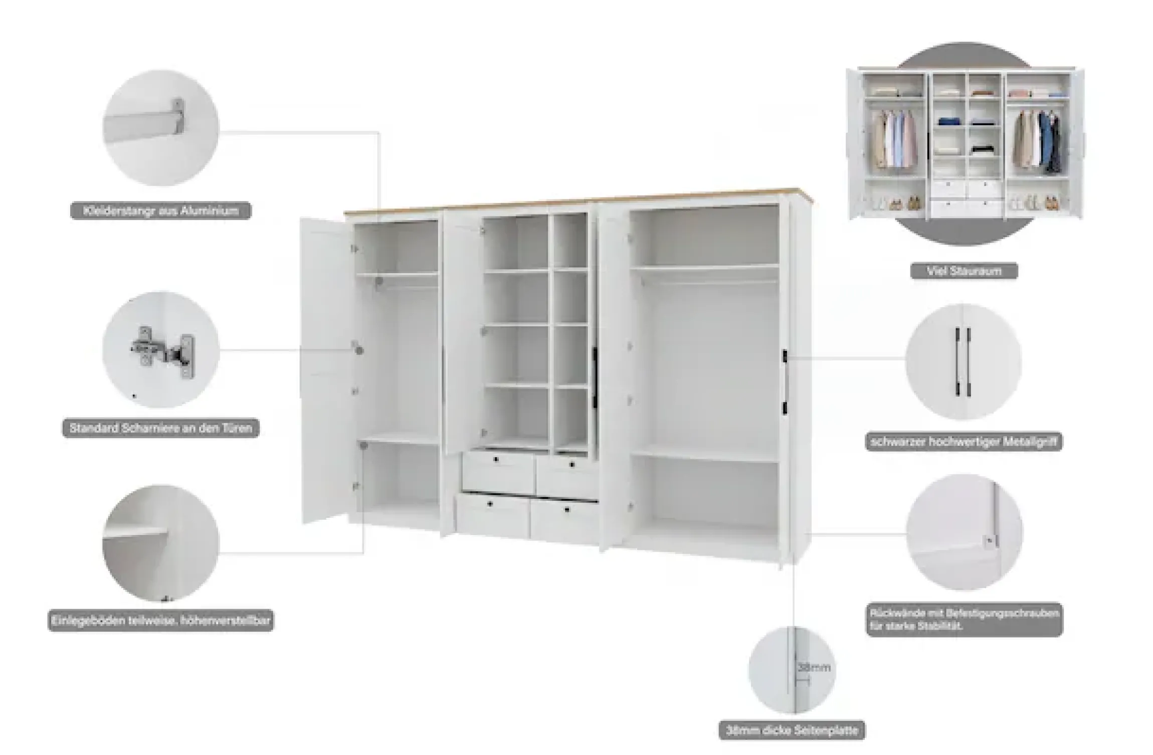 OTTO home Kleiderschrank »Büsum Schlafzimmer Schrank mit 6 Türen und Spiegel« Schlafzimmerschrank Landhaus Design Garderobe Schrank Bestseller