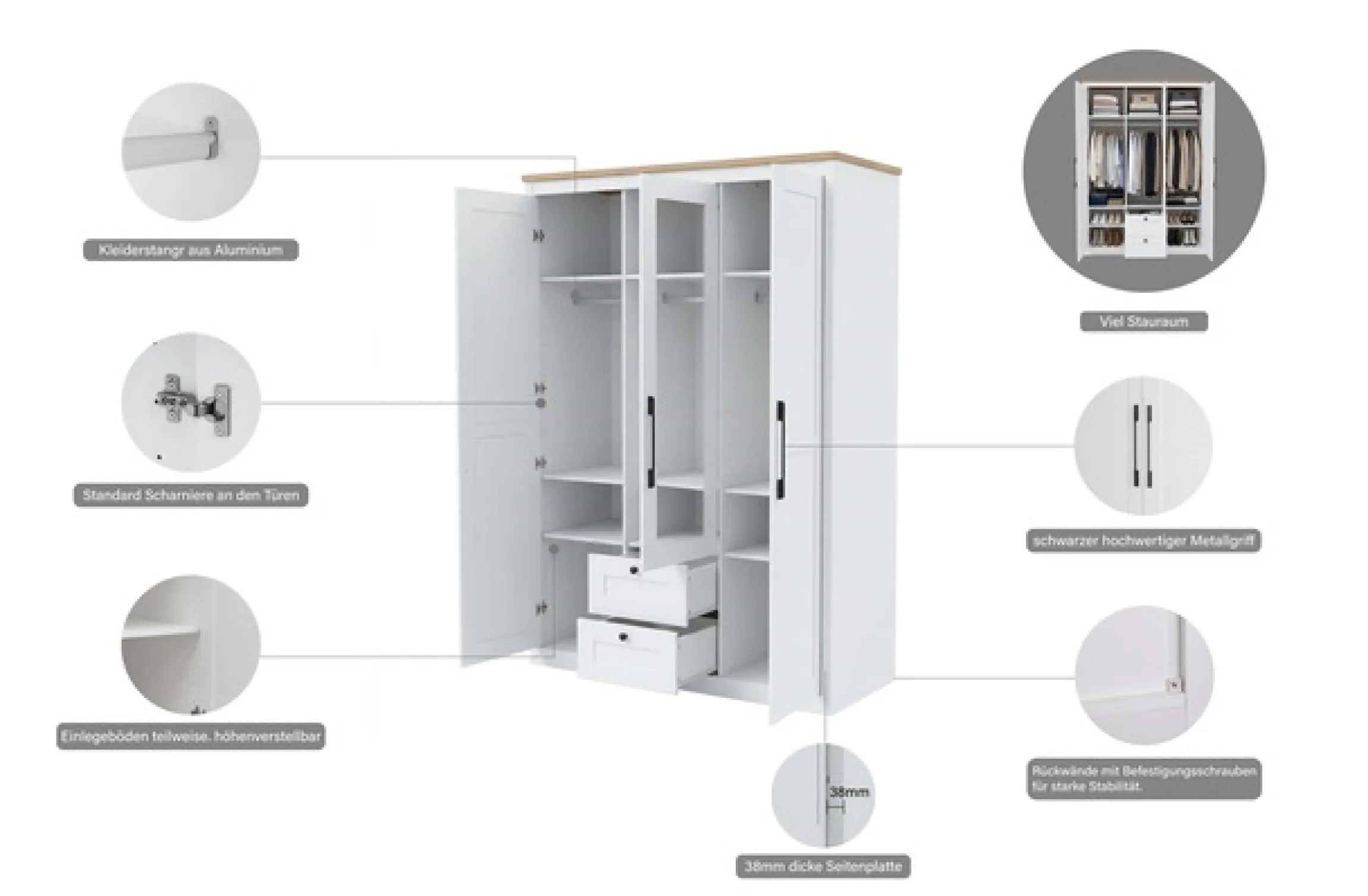 OTTO home Kleiderschrank »Büsum Schlafzimmer Schrank mit 3 Türen und Spiegel« Schlafzimmerschrank Landhaus Design Garderobe Schrank Bestseller