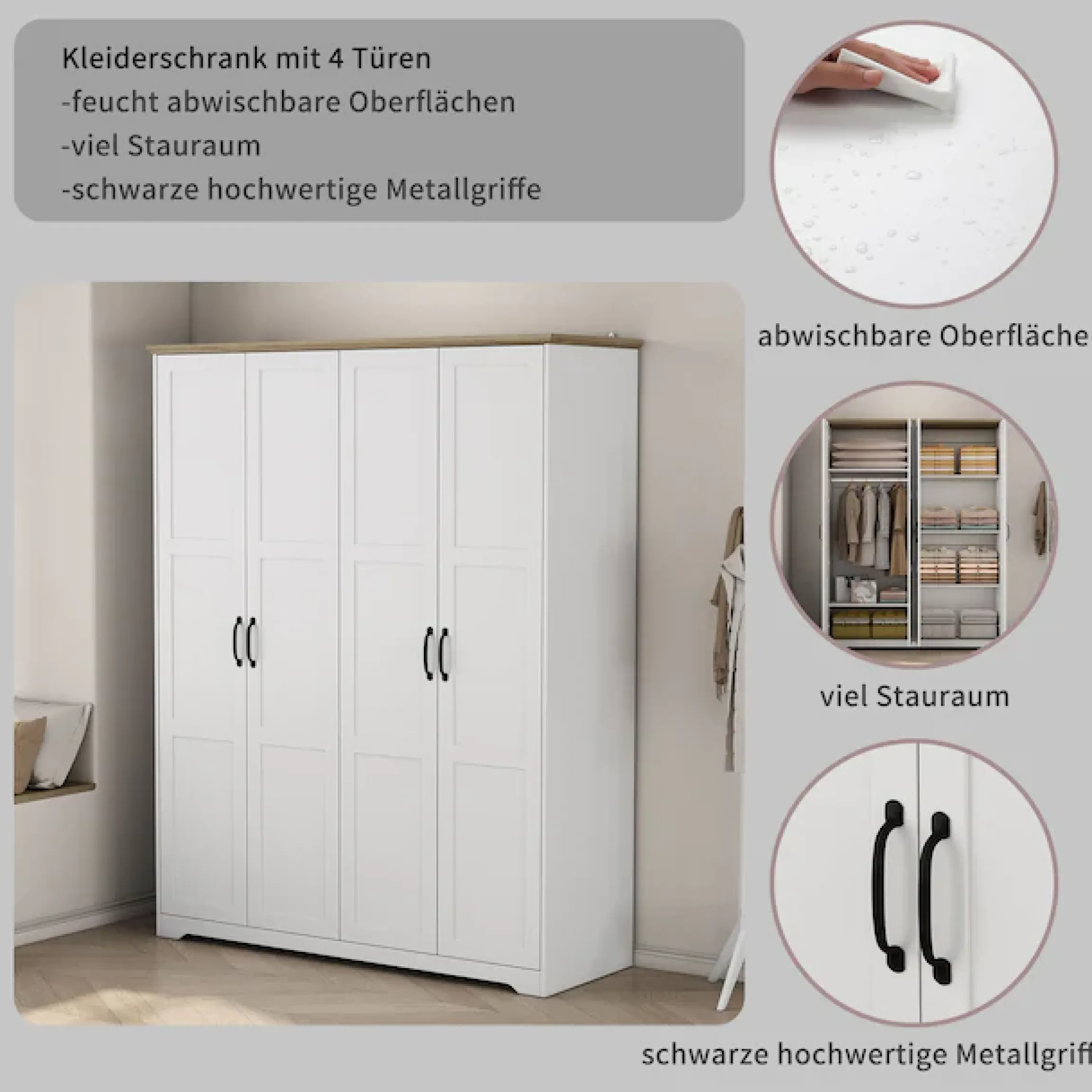 OTTO home Kleiderschrank »Emmilia Schrank Schlafzimmerschrank im Landhaus Design« Mit vielen Einlegeböden und Softclose Türen,Landhaus Schrank mit4 Türen Breite 151,1cm Höhe 2m
