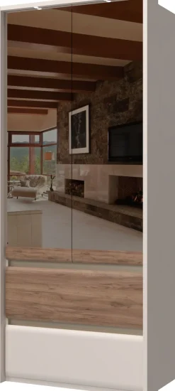 OTTO home Kleiderschrank »Invictus, UV lackiert, FSC-zertifiziert, grifflose Optik« abgerundete Schubladen aus MDF im Holzdekor, soft-close,mit Beleuchtung, Türen komplett verspiegelt, hoher Schrank (226cm)