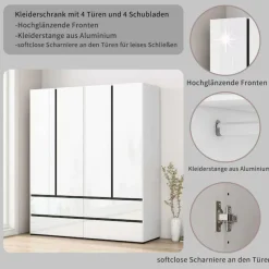 OTTO home Kleiderschrank »Kollin Schlafzimmerschrank mit 4 Türen und 4 SchubladenGarderobe« Drehtürenschrank mit perfekter Innenausstattung, hochglanz Fronten