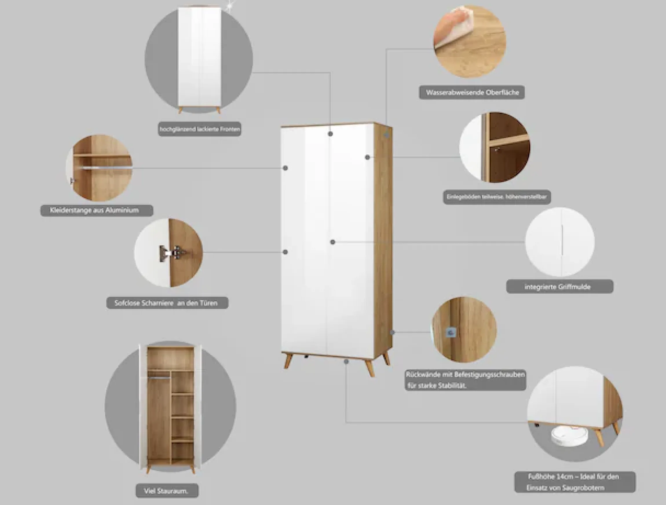 OTTO home Kleiderschrank »Lund Schlafzimmerschrankim skandinavischem Design« Garderobenschrank mit Premium Innenausstattung, Breite 80 cm hochglanz