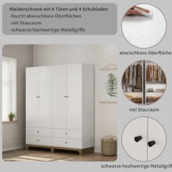 OTTO home Kleiderschrank »Oslo Schlafzimmerschrank Garderobe weiß Landhaus« Schlafzimmerschrank mit 4 Türen und 4 Schubladen, Breite 160cm
