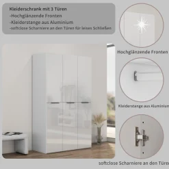 OTTO home Kleiderschrank »Skyller Schlafzimmerschrank mit 3 Türen mit Hochglanzfronten« Drehtürenschrank mit perfekter Innenausstattung, Breite 121 cm