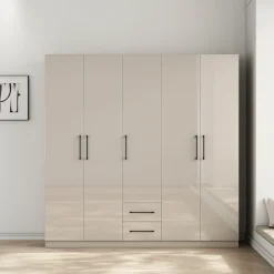 OTTO home Kleiderschrank »Sylt Schlafzimmerschrank Garderobe Schrankin hochglanz weiß« 5 Türen, 2 Schubladen, schwarze moderne Griffe, 7 Einlegeböden,Drehtürenschrank mit perfekter Innenausstattung, Breite 200cm