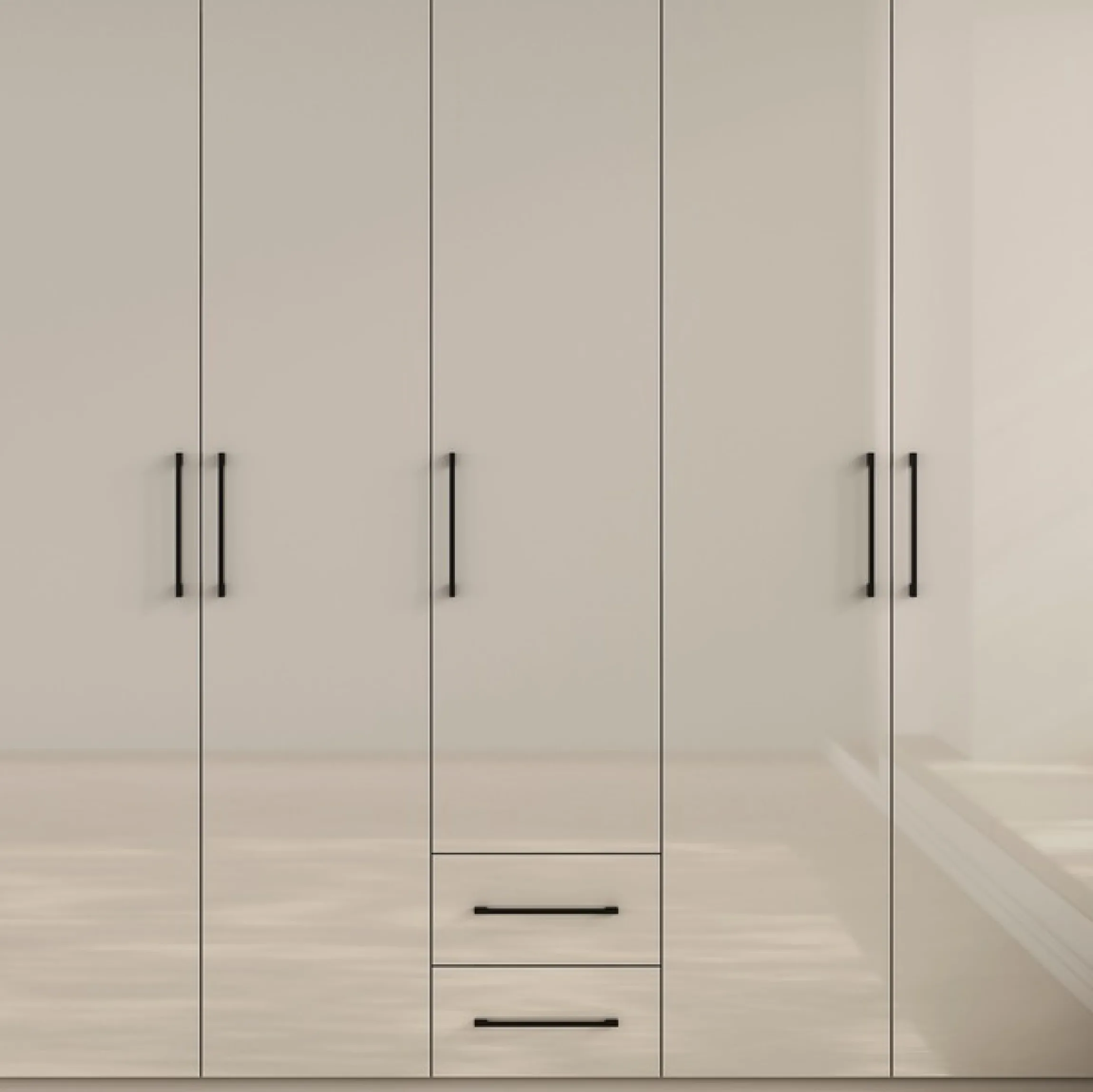 OTTO home Kleiderschrank »Sylt Schlafzimmerschrank Garderobe Schrankin hochglanz weiß« 5 Türen, 2 Schubladen, schwarze moderne Griffe, 7 Einlegeböden,Drehtürenschrank mit perfekter Innenausstattung, Breite 200cm