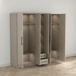 OTTO home Kleiderschrank »Sylt Schlafzimmerschrank Garderobe Schrankin hochglanz weiß« 5 Türen, 2 Schubladen, schwarze moderne Griffe, 7 Einlegeböden,Drehtürenschrank mit perfekter Innenausstattung, Breite 200cm