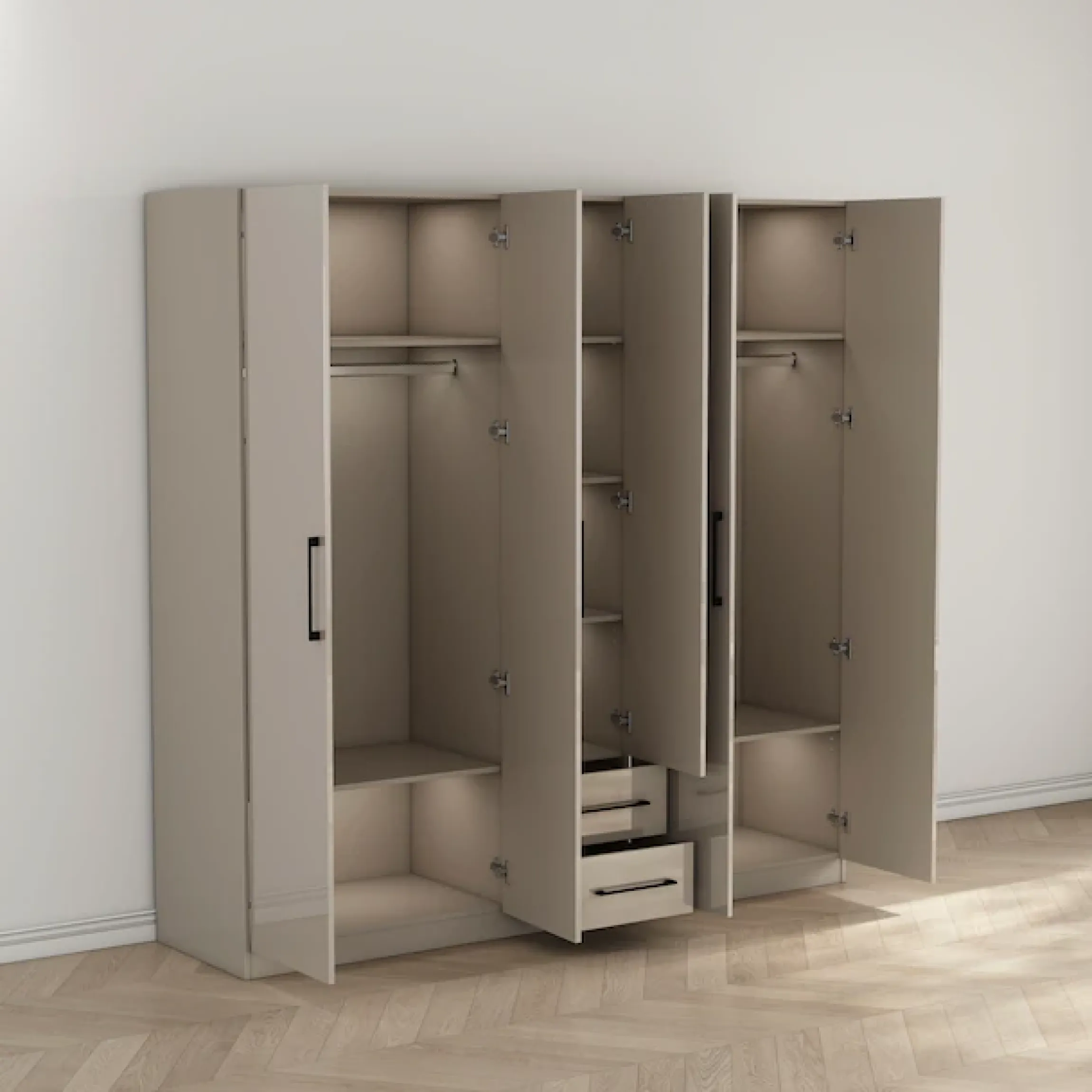 OTTO home Kleiderschrank »Sylt Schlafzimmerschrank Garderobe Schrankin hochglanz weiß« 5 Türen, 2 Schubladen, schwarze moderne Griffe, 7 Einlegeböden,Drehtürenschrank mit perfekter Innenausstattung, Breite 200cm