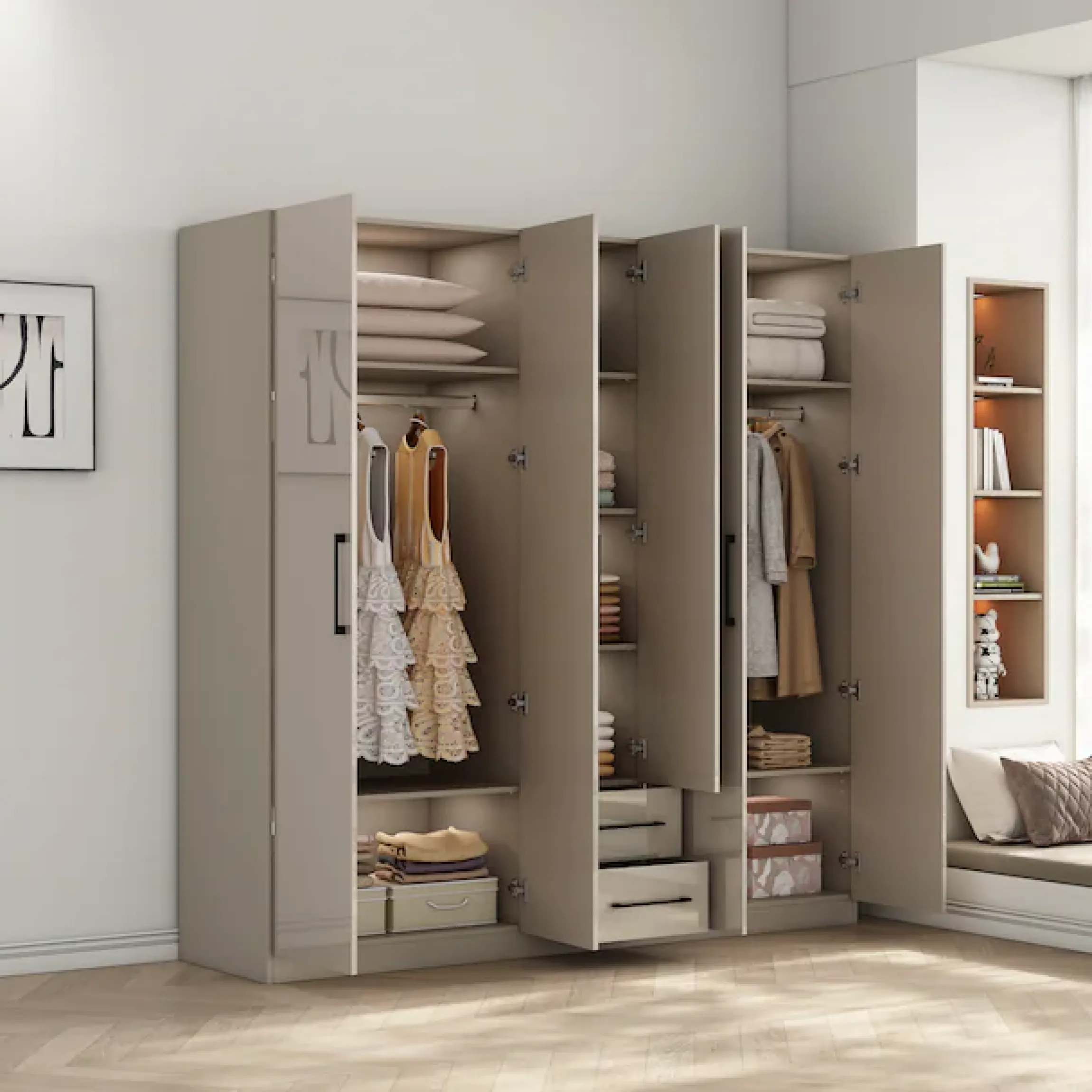 OTTO home Kleiderschrank »Sylt Schlafzimmerschrank Garderobe Schrankin hochglanz weiß« 5 Türen, 2 Schubladen, schwarze moderne Griffe, 7 Einlegeböden,Drehtürenschrank mit perfekter Innenausstattung, Breite 200cm