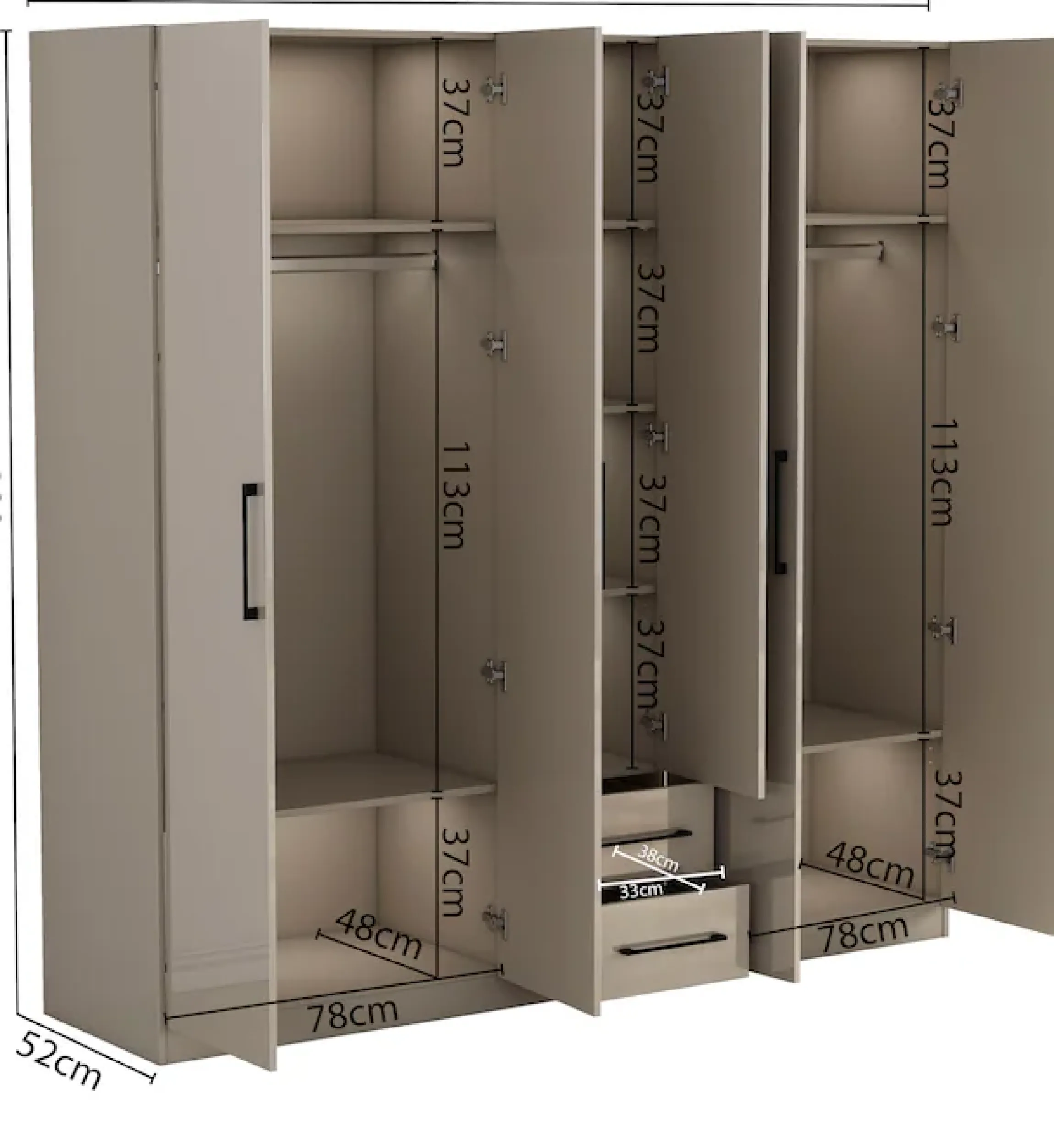 OTTO home Kleiderschrank »Sylt Schlafzimmerschrank Garderobe Schrankin hochglanz weiß« 5 Türen, 2 Schubladen, schwarze moderne Griffe, 7 Einlegeböden,Drehtürenschrank mit perfekter Innenausstattung, Breite 200cm