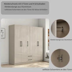 OTTO home Kleiderschrank »Sylt Schlafzimmerschrank Garderobe Schrankin hochglanz weiß« 5 Türen, 2 Schubladen, schwarze moderne Griffe, 7 Einlegeböden,Drehtürenschrank mit perfekter Innenausstattung, Breite 200cm