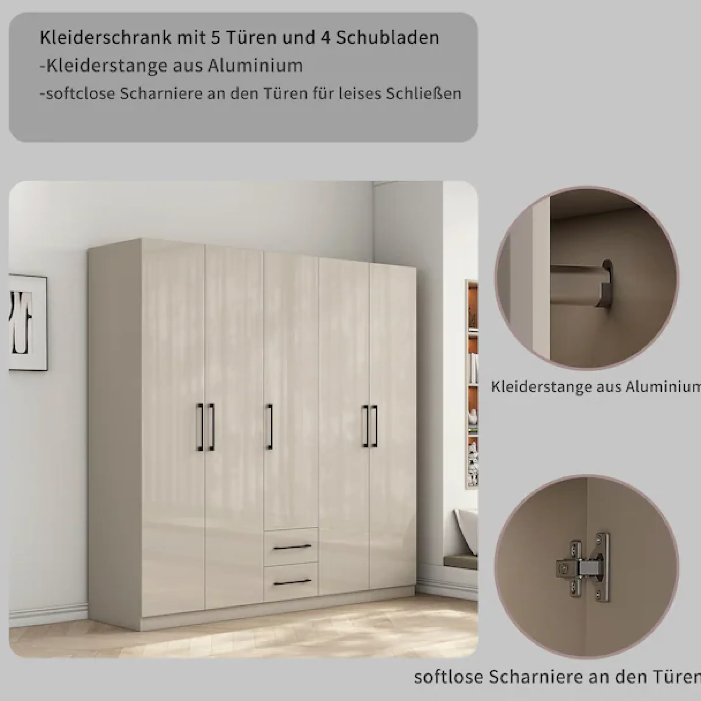OTTO home Kleiderschrank »Sylt Schlafzimmerschrank Garderobe Schrankin hochglanz weiß« 5 Türen, 2 Schubladen, schwarze moderne Griffe, 7 Einlegeböden,Drehtürenschrank mit perfekter Innenausstattung, Breite 200cm