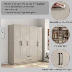 OTTO home Kleiderschrank »Sylt Schlafzimmerschrank Garderobe Schrankin hochglanz weiß« 5 Türen, 2 Schubladen, schwarze moderne Griffe, 7 Einlegeböden,Drehtürenschrank mit perfekter Innenausstattung, Breite 200cm