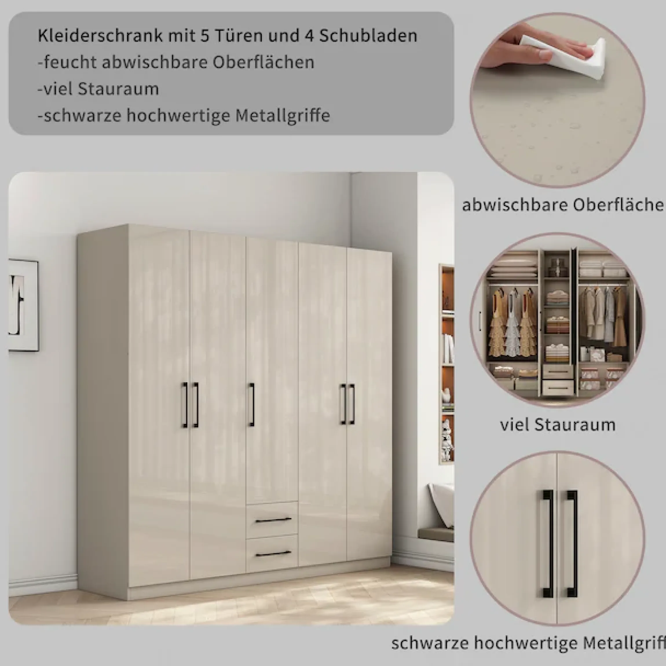 OTTO home Kleiderschrank »Sylt Schlafzimmerschrank Garderobe Schrankin hochglanz weiß« 5 Türen, 2 Schubladen, schwarze moderne Griffe, 7 Einlegeböden,Drehtürenschrank mit perfekter Innenausstattung, Breite 200cm