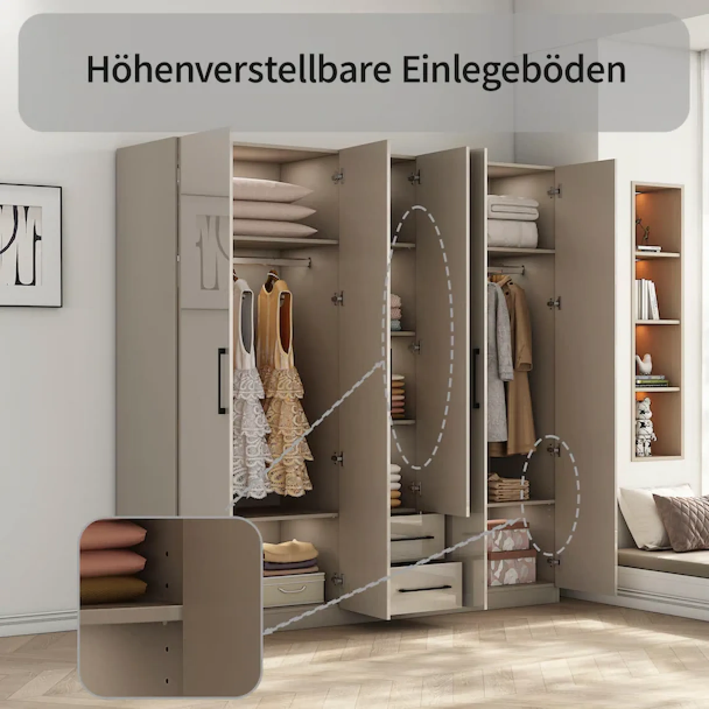 OTTO home Kleiderschrank »Sylt Schlafzimmerschrank Garderobe Schrankin hochglanz weiß« 5 Türen, 2 Schubladen, schwarze moderne Griffe, 7 Einlegeböden,Drehtürenschrank mit perfekter Innenausstattung, Breite 200cm