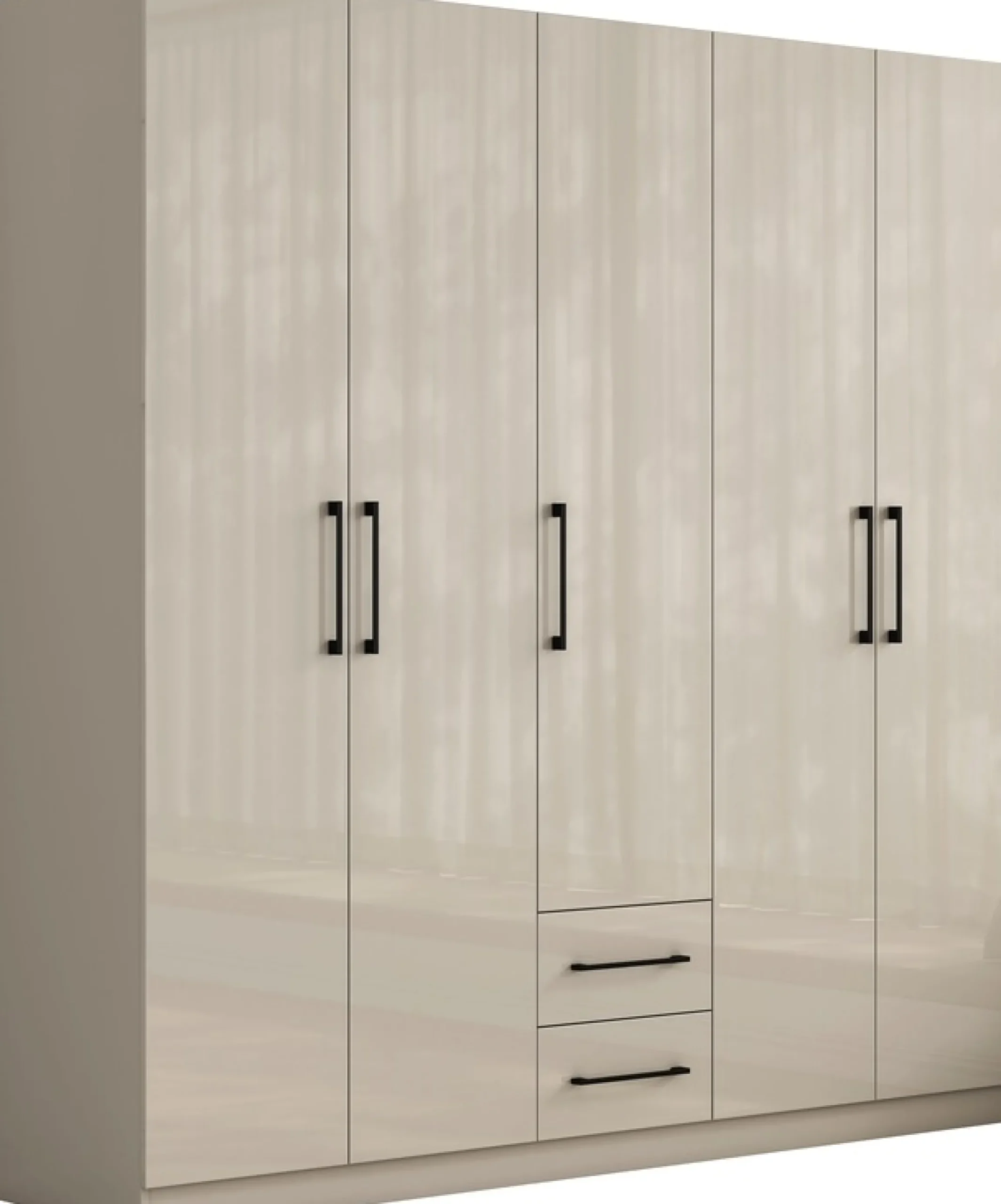 OTTO home Kleiderschrank »Sylt Schlafzimmerschrank Garderobe Schrankin hochglanz weiß« 5 Türen, 2 Schubladen, schwarze moderne Griffe, 7 Einlegeböden,Drehtürenschrank mit perfekter Innenausstattung, Breite 200cm