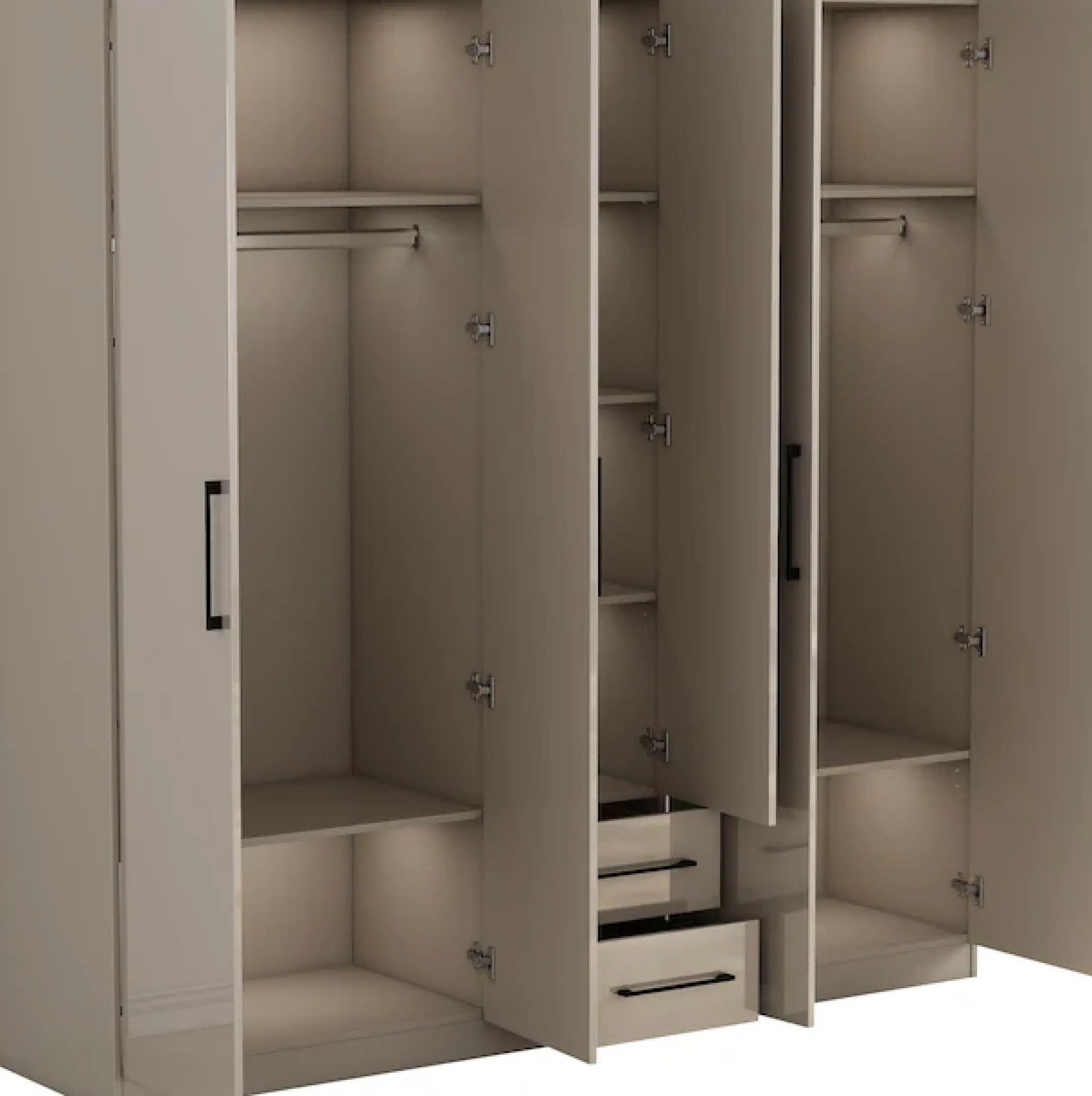 OTTO home Kleiderschrank »Sylt Schlafzimmerschrank Garderobe Schrankin hochglanz weiß« 5 Türen, 2 Schubladen, schwarze moderne Griffe, 7 Einlegeböden,Drehtürenschrank mit perfekter Innenausstattung, Breite 200cm