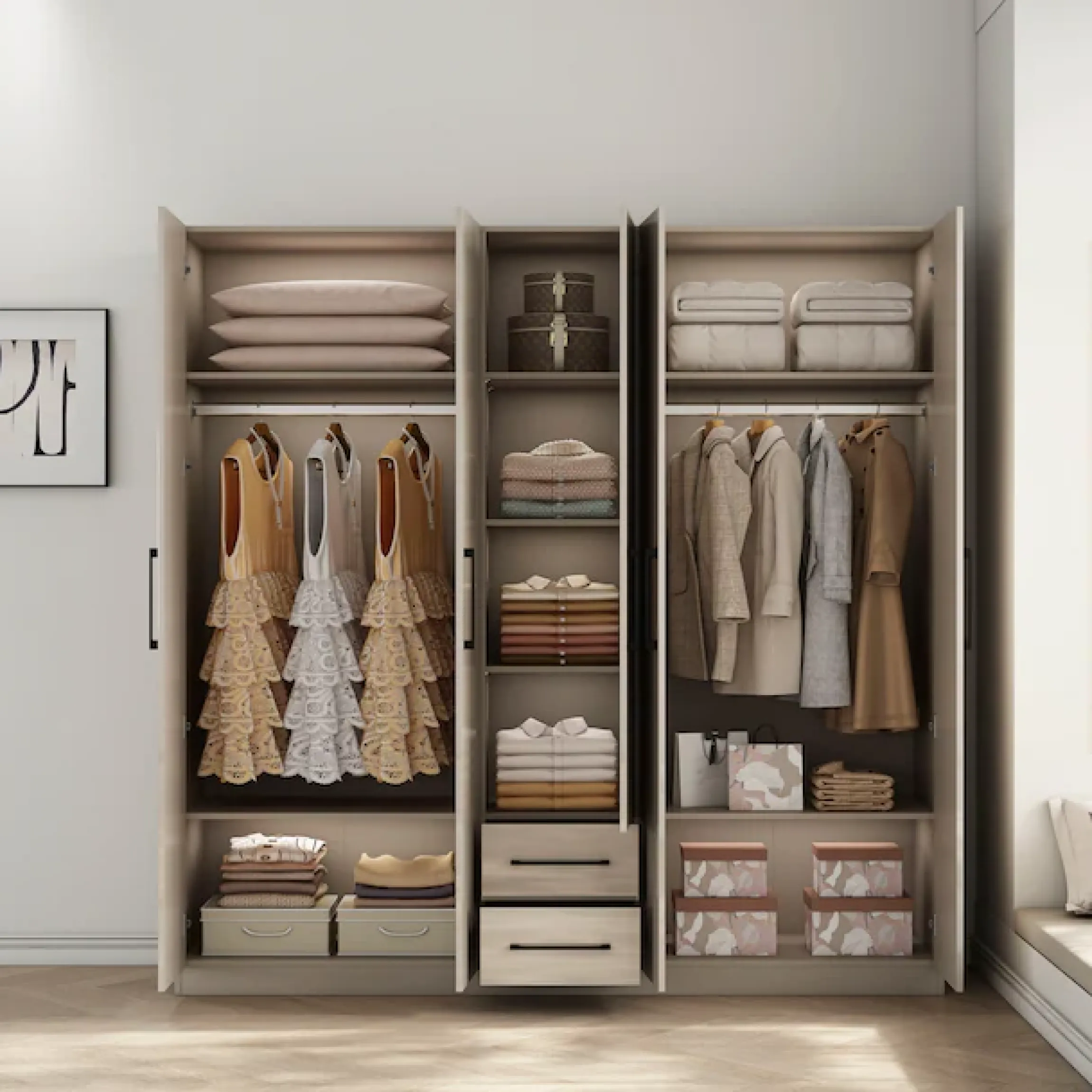 OTTO home Kleiderschrank »Sylt Schlafzimmerschrank Garderobe Schrankin hochglanz weiß« 5 Türen, 2 Schubladen, schwarze moderne Griffe, 7 Einlegeböden,Drehtürenschrank mit perfekter Innenausstattung, Breite 200cm