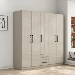 OTTO home Kleiderschrank »Sylt Schlafzimmerschrank Garderobe Schrankin hochglanz weiß« 5 Türen, 2 Schubladen, schwarze moderne Griffe, 7 Einlegeböden,Drehtürenschrank mit perfekter Innenausstattung, Breite 200cm