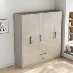 OTTO home Kleiderschrank »Sylt Schlafzimmerschrank Garderobe Schrankin hochglanz weiß« 5 Türen, 2 Schubladen, schwarze moderne Griffe, 7 Einlegeböden,Drehtürenschrank mit perfekter Innenausstattung, Breite 200cm