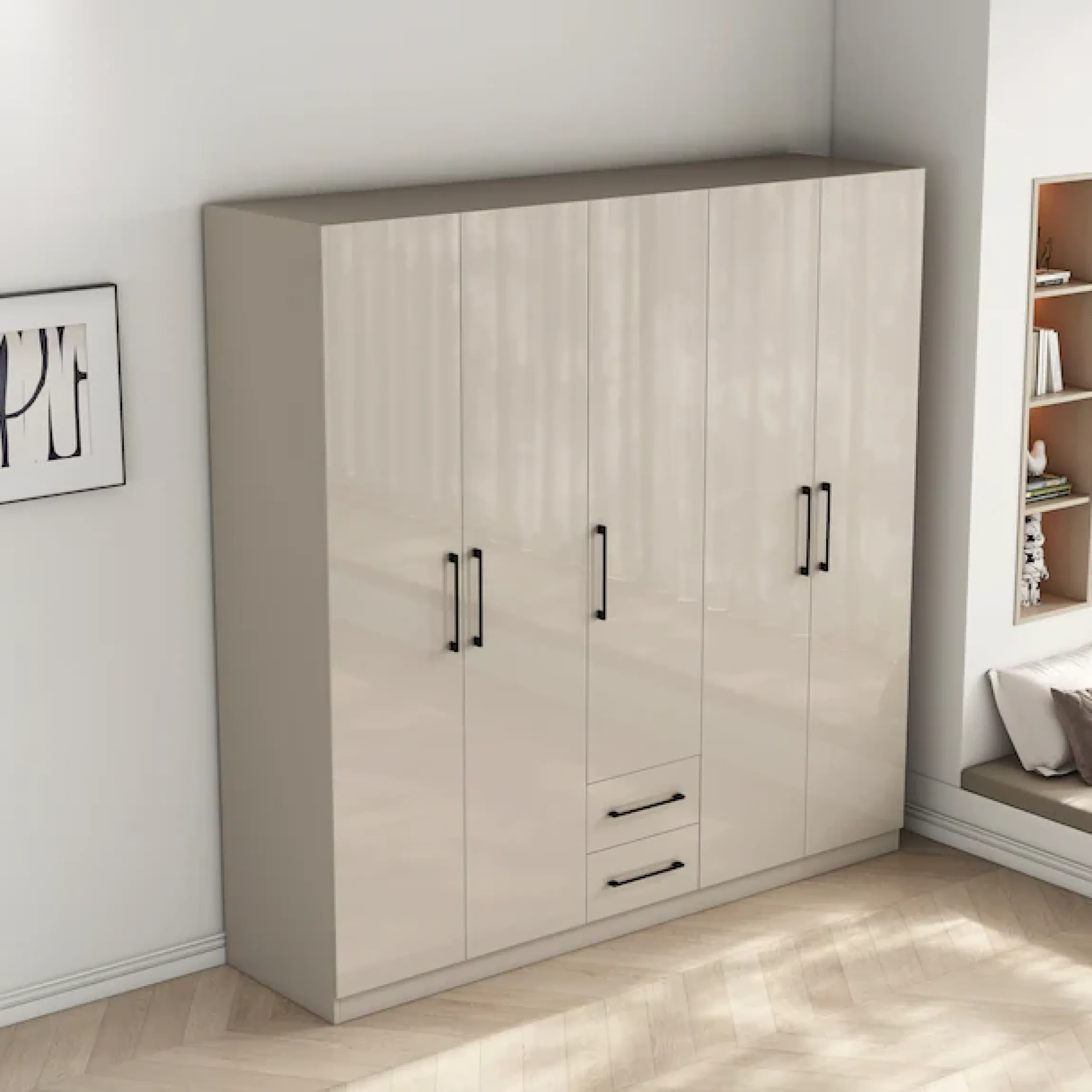OTTO home Kleiderschrank »Sylt Schlafzimmerschrank Garderobe Schrankin hochglanz weiß« 5 Türen, 2 Schubladen, schwarze moderne Griffe, 7 Einlegeböden,Drehtürenschrank mit perfekter Innenausstattung, Breite 200cm