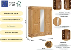 OTTO home Kleiderschrank »Teresa« 3 Türen, aus massiver Kiefer, Breite 152 cm, mit Spiegel, FSC®
