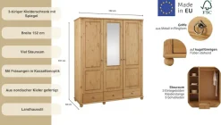 OTTO home Kleiderschrank »Tessin, Dretürenschrank, 3-türig« B/H/T ca. 152/191/59 cm,Breite 152 cm, Kiefer massiv, mit Spiegel und 3 Schubladen
