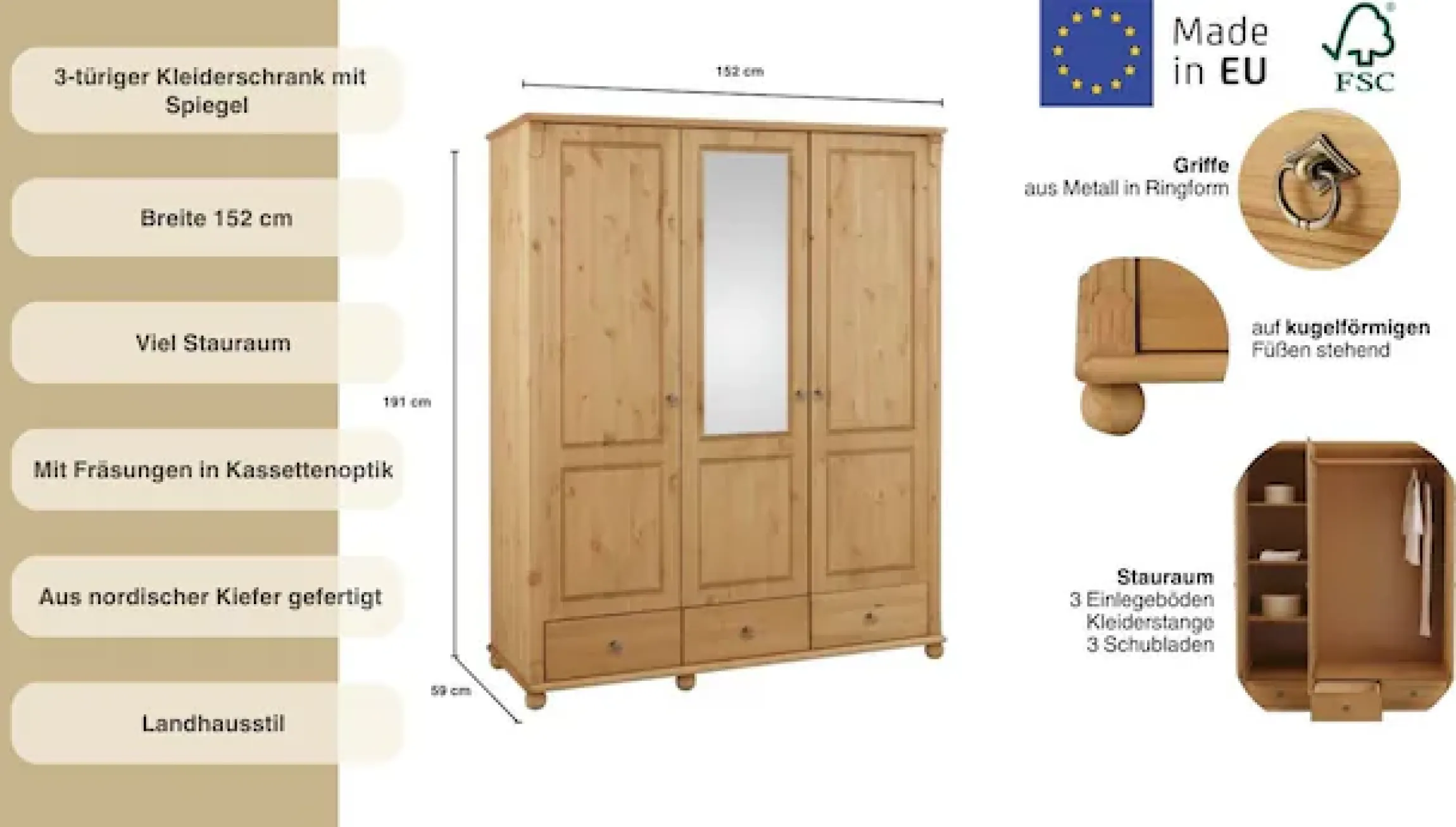 OTTO home Kleiderschrank »Tessin, Dretürenschrank, 3-türig« B/H/T ca. 152/191/59 cm,Breite 152 cm, Kiefer massiv, mit Spiegel und 3 Schubladen