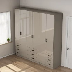 OTTO home Kleiderschrank »Trento Schlafzimmerschrank Garderobe hochglanz« in 2 unterschiedlichen Schrankhöhen wählbar,Schrank mit 6 Türen und 9 Schubladen, Hochglanz-Fronten, 2,39m Höhe