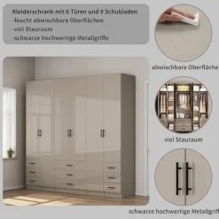 OTTO home Kleiderschrank »Trento Schlafzimmerschrank Garderobe hochglanz« in 2 unterschiedlichen Schrankhöhen wählbar,Schrank mit 6 Türen und 9 Schubladen, Hochglanz-Fronten, 2,39m Höhe