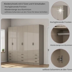 OTTO home Kleiderschrank »Trento Schlafzimmerschrank Garderobe hochglanz« in 2 unterschiedlichen Schrankhöhen wählbar,Schrank mit 6 Türen und 9 Schubladen, Hochglanz-Fronten, 2,39m Höhe