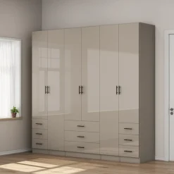 OTTO home Kleiderschrank »Trento Schlafzimmerschrank Garderobe hochglanz« in 2 unterschiedlichen Schrankhöhen wählbar,Schrank mit 6 Türen und 9 Schubladen, Hochglanz-Fronten, 2,39m Höhe
