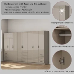 OTTO home Kleiderschrank »Trento Schlafzimmerschrank Garderobe hochglanz« Schrank mit 8 Türen und 9 Schubladen, hochglänzende Fronten