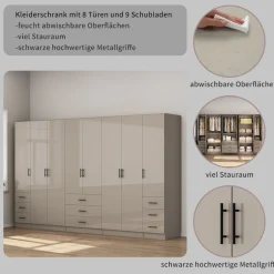 OTTO home Kleiderschrank »Trento Schlafzimmerschrank Garderobe hochglanz« Schrank mit 8 Türen und 9 Schubladen, hochglänzende Fronten