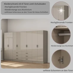 OTTO home Kleiderschrank »Trento Schlafzimmerschrank Garderobe Schrank in hochglanz mit 8 Türen« Schrank mit 8 Türen und 6 Schubladen, hochglänzende Fronten
