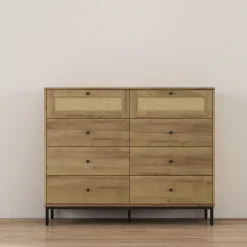 OTTO home Kombikommode »Motala Wäsche Schrank mit 8 Schubladen Sideboard BOHO Design« Eichen-Design mit schwarzen Griffen und Geflecht Schubladen,Kommode Schrank Wäscheschrank mit 8 Schubladen