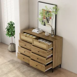 OTTO home Kombikommode »Motala Wäsche Schrank mit 8 Schubladen Sideboard BOHO Design« Eichen-Design mit schwarzen Griffen und Geflecht Schubladen,Kommode Schrank Wäscheschrank mit 8 Schubladen
