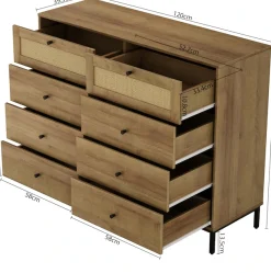 OTTO home Kombikommode »Motala Wäsche Schrank mit 8 Schubladen Sideboard BOHO Design« Eichen-Design mit schwarzen Griffen und Geflecht Schubladen,Kommode Schrank Wäscheschrank mit 8 Schubladen