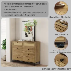 OTTO home Kombikommode »Motala Wäsche Schrank mit 8 Schubladen Sideboard BOHO Design« Eichen-Design mit schwarzen Griffen und Geflecht Schubladen,Kommode Schrank Wäscheschrank mit 8 Schubladen